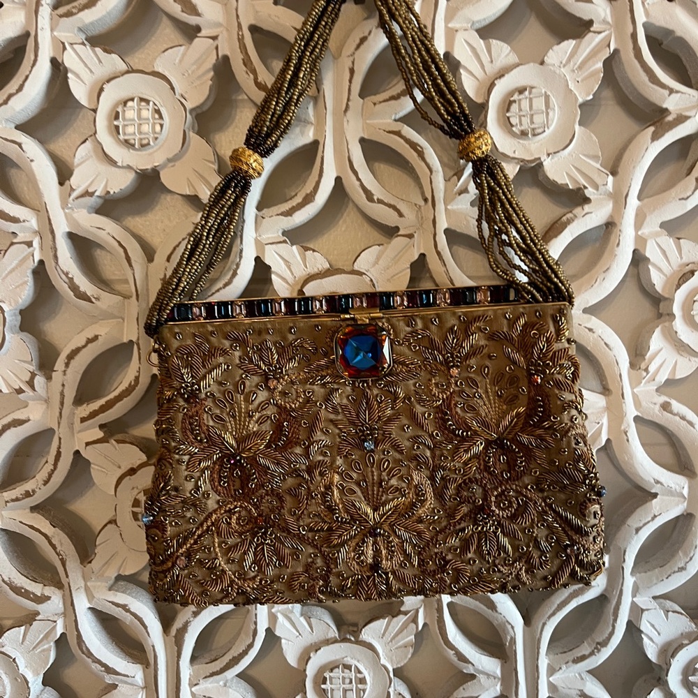 Vintage Embellished Gold Beaded Women's Bag